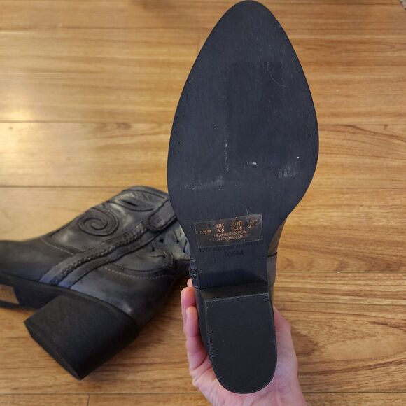 Western Ankle Boots Spiral Stitch Cowgirl Booties Black Leather 5.5 - Picture 6 of 10